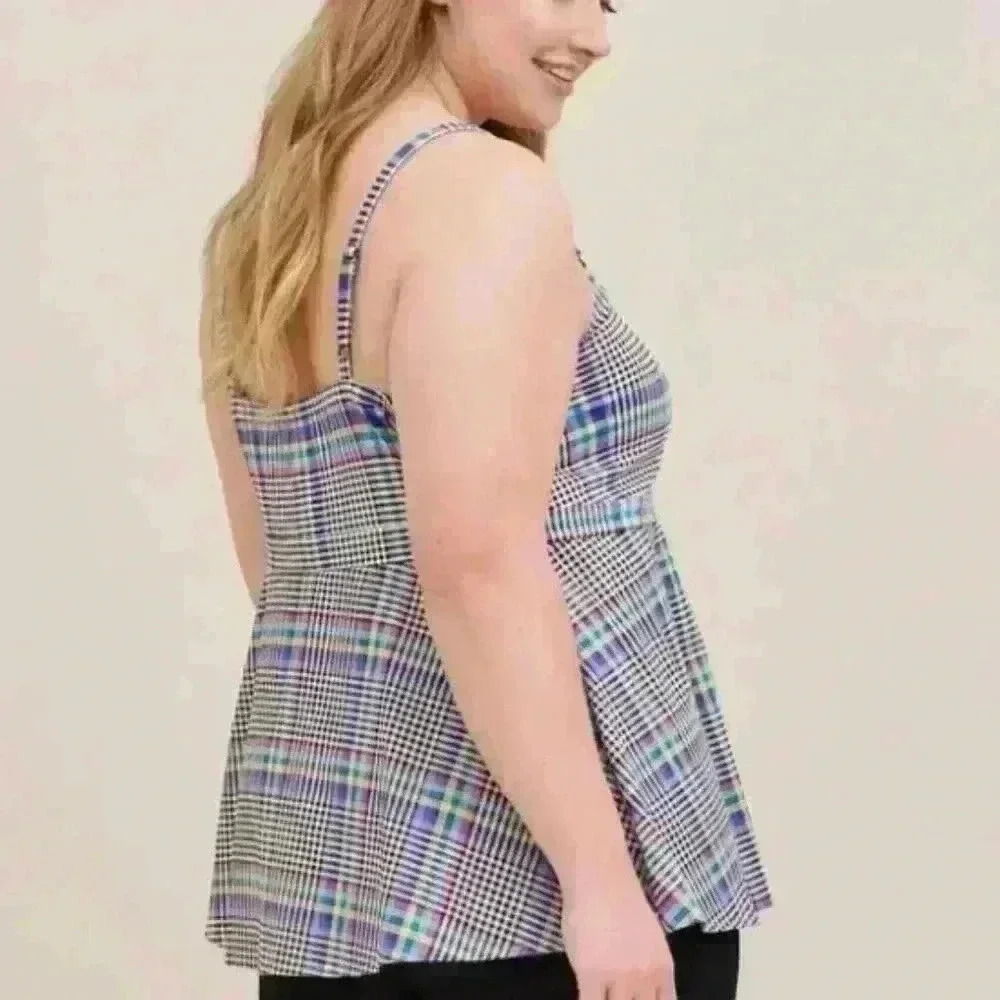 Torrid Multi Color Plaid Babydoll Mixed Fabric V-Neck Tank 00 M/L - Picture 2 of 8